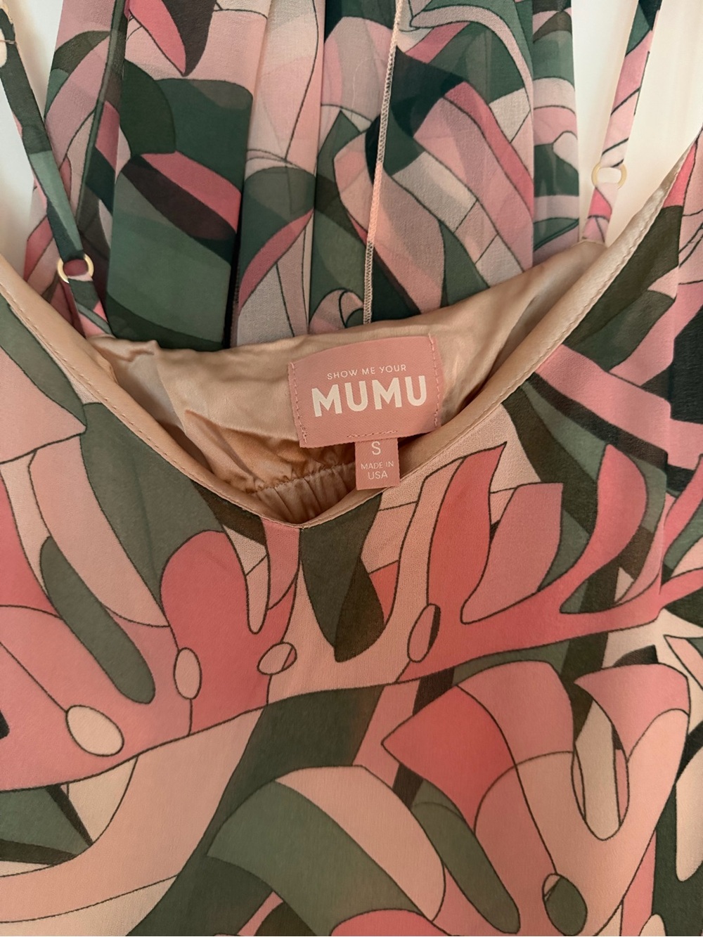 Show Me Your MuMu Dalia Pink and Olive Leaf Print Maxi with Scarf - Picture 4 of 7